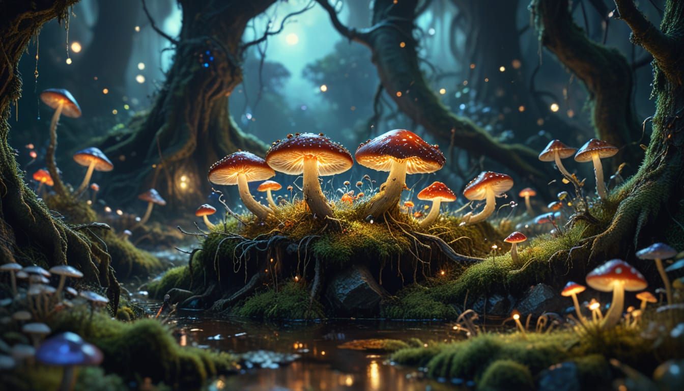 Magical Miniature World Beneath Ancient Tree: Oil Painting