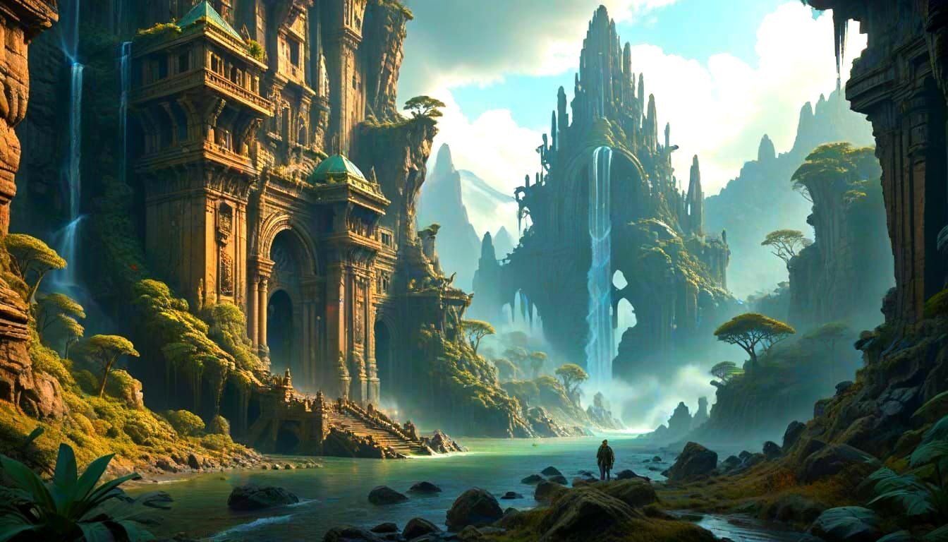 Surreal Futuristic Cityscape with Waterfalls in Mountains