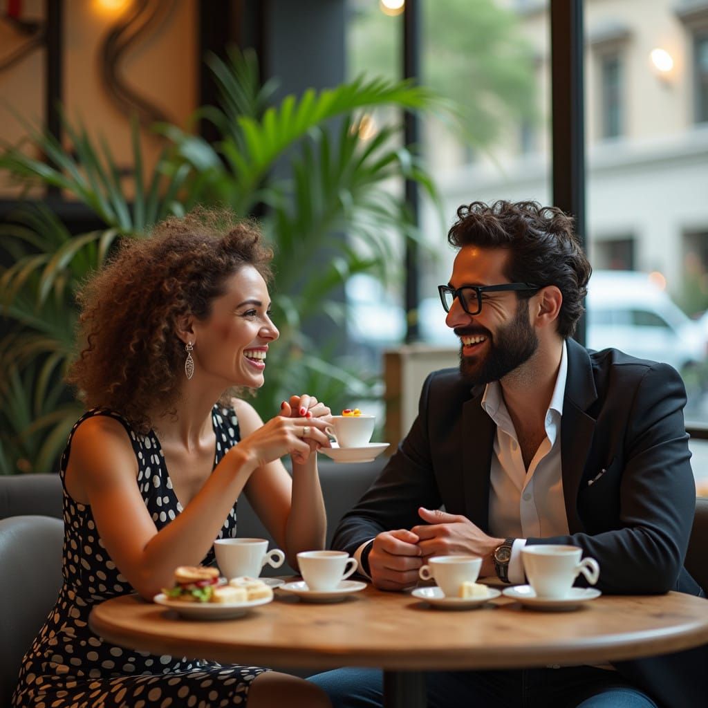 Elegant Couple Savoring Afternoon Tea in a Chic Restaurant