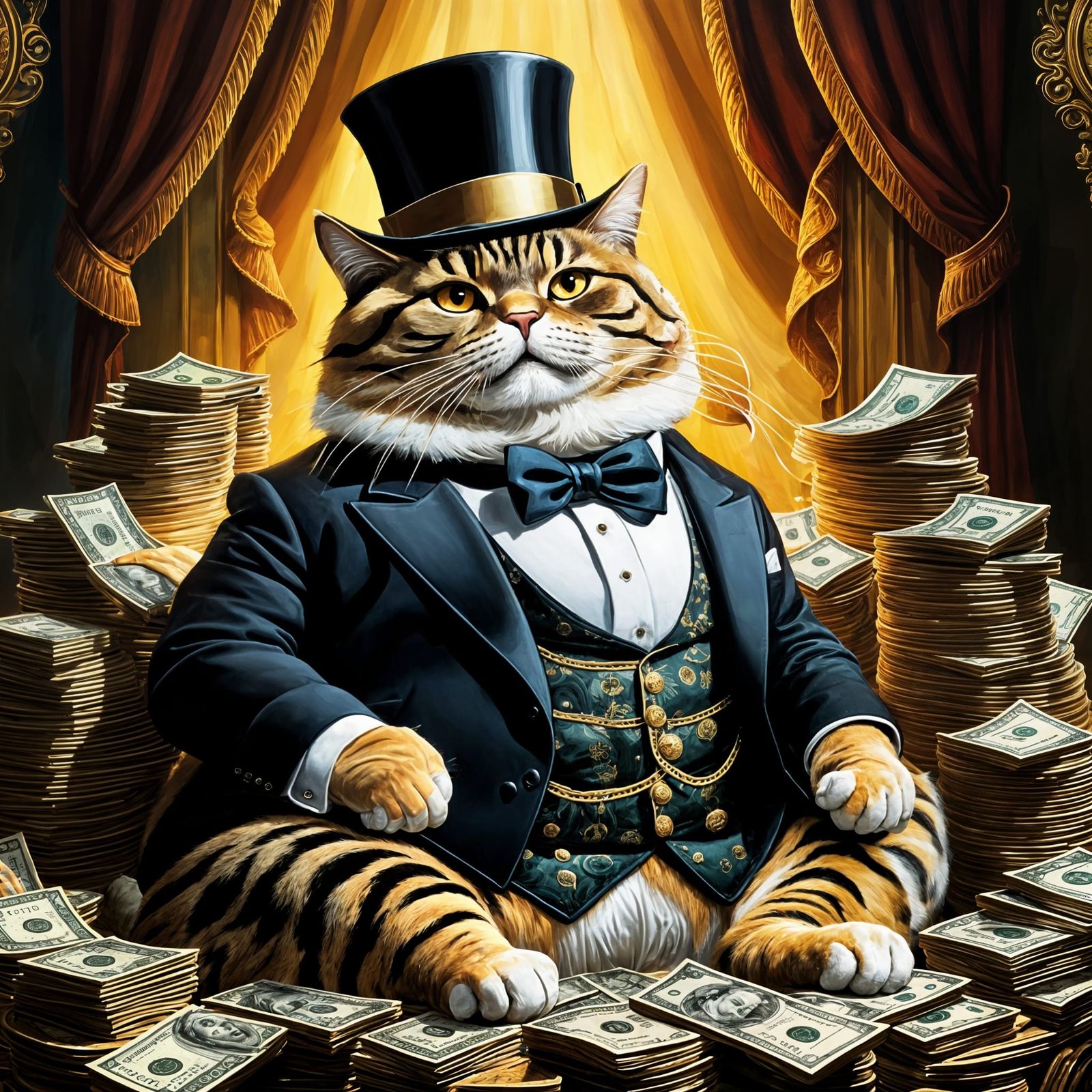 Aristocratic Cat Posing on a Pile of Money