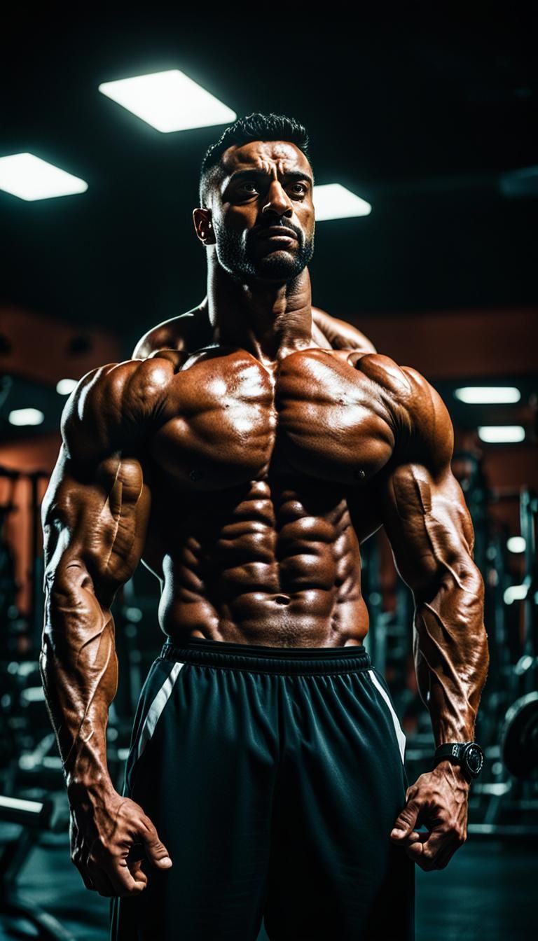 Arab Bodybuilder in Gym: Cinematic Film Still