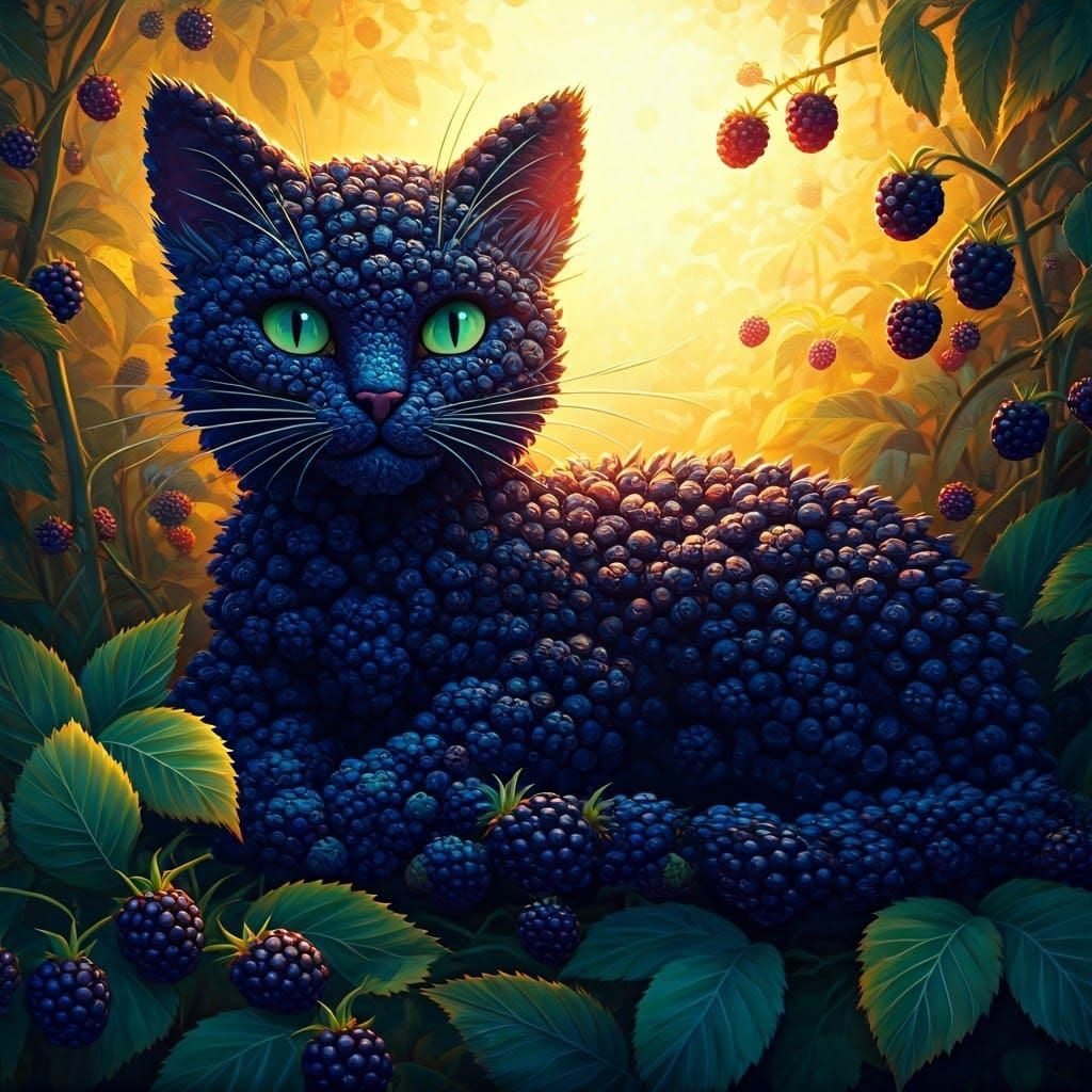Vibrant Blackberry Feline in Dreamlike Landscape