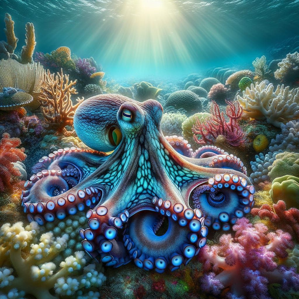 Blue Ring Octopus in a Thriving Coral Reef