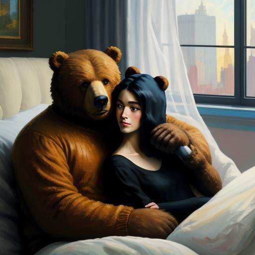 Teddy Bear Couple in New York, Gouache Painting