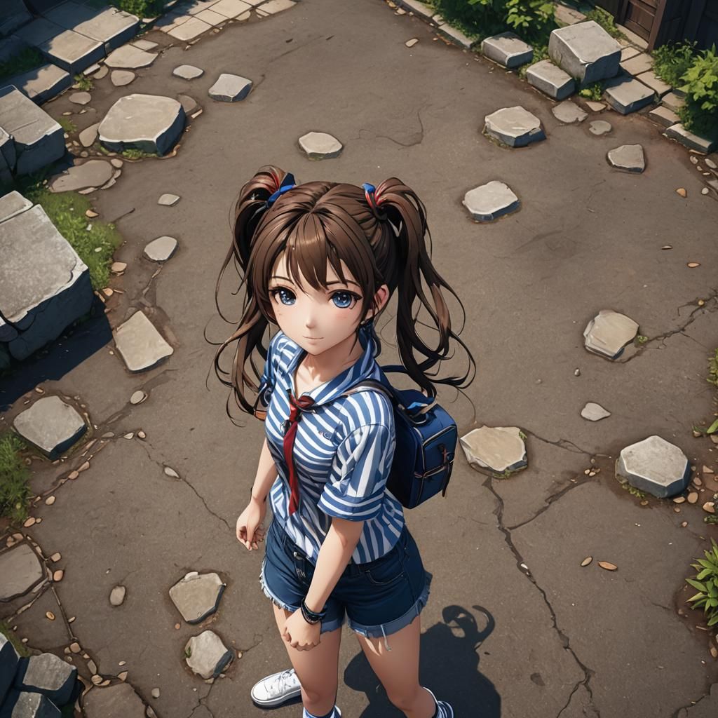 Anime Girl with Pigtails in Striped Shirt