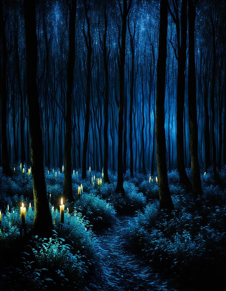 Candle Lights in Dark Fantasy Forest, Van Gogh Style