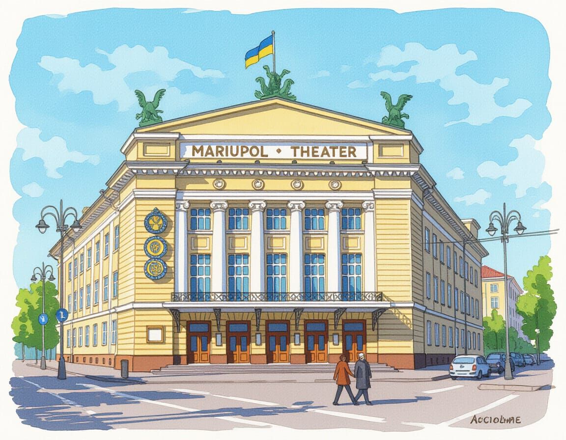Watercolor Painting of Mariupol Theater in Ukraine