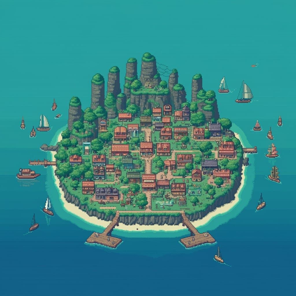 Vibrant Island Town in 8-bit Pixel Art