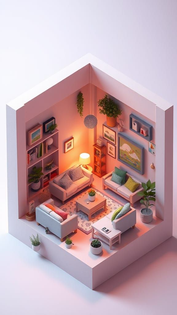 Whimsical Dreamlike Living Room Scene in Pastel Colors