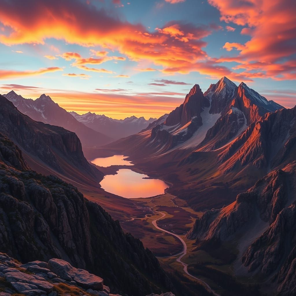 Majestic Mountain Landscape at Sunset in Realistic Style