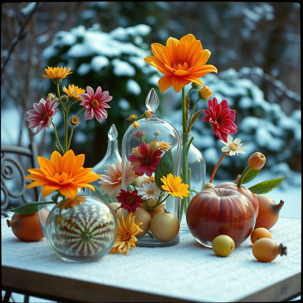 Artistic Glass Objects in Winter Garden Cinematic Style