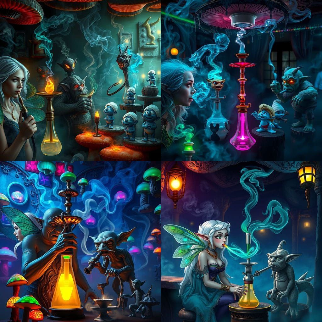 Hyperrealistic Hookah Bar Scene with Magical Smoke and Mythi...