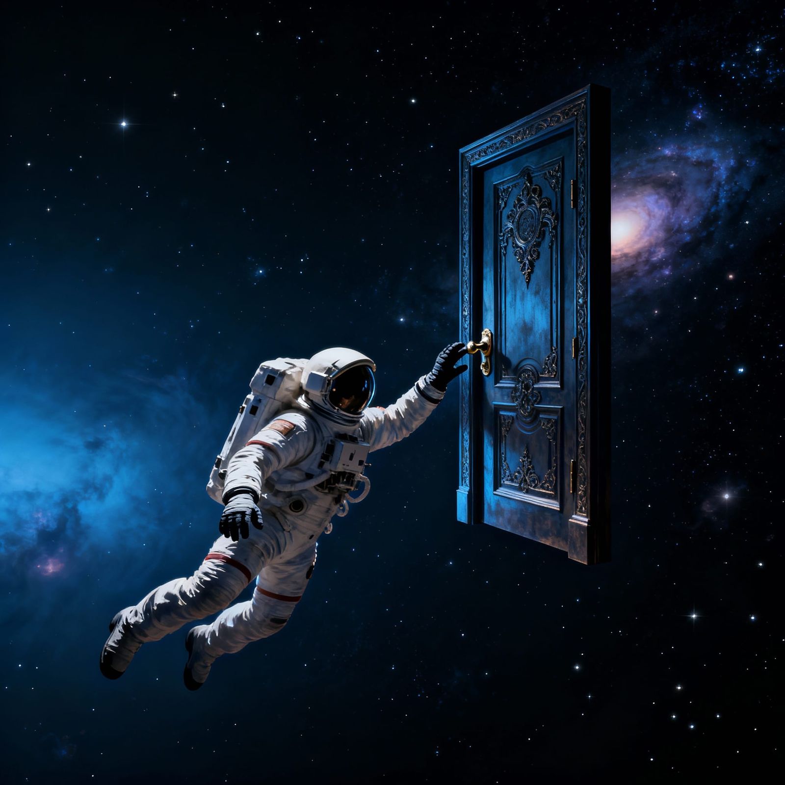 Astronaut Reaches for Mysterious Door in Cosmic Void
