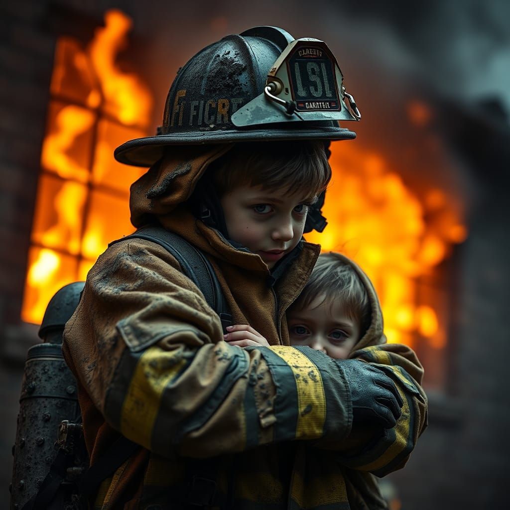 Child Rescues Fireman From Burning Building, Hyperrealistic