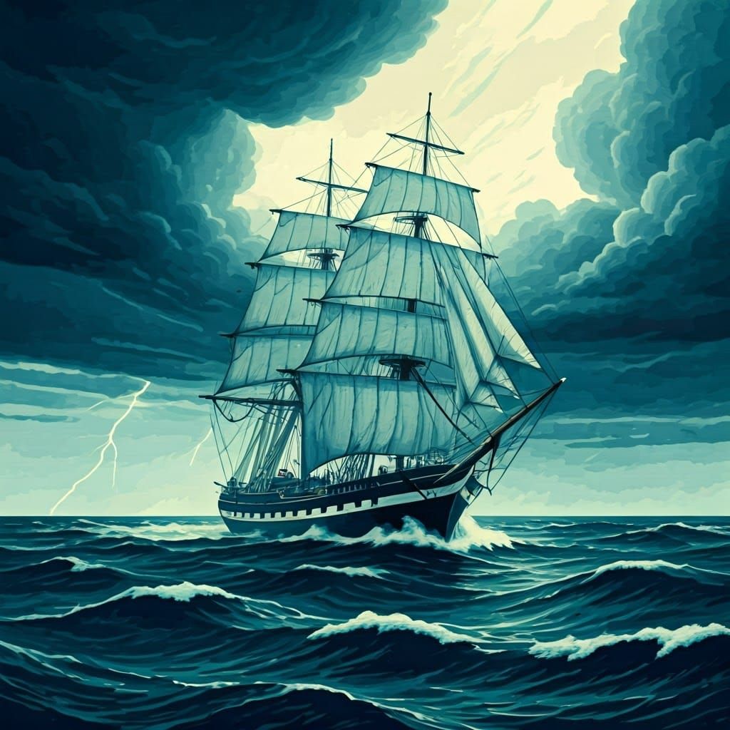 Majestic 19th-Century Sailing Vessel Battles Stormy Sea in P...