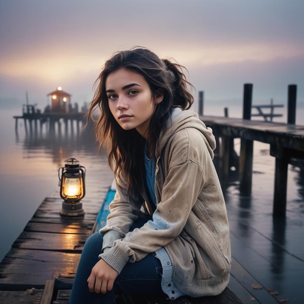Misty Pier Portrait of a Teenage Girl in Moody Dusk Light