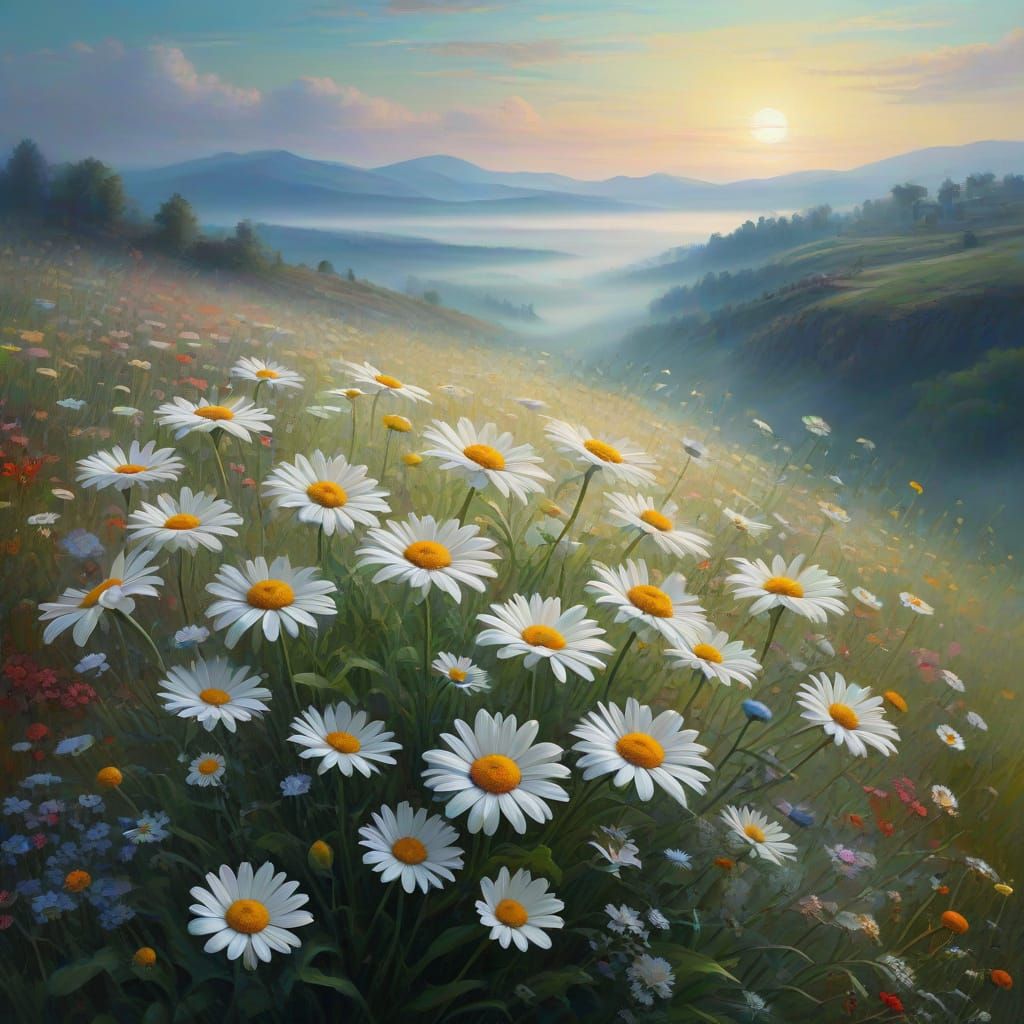 (daisies:1.1), Paul Klee and Marc Chagall, (stripes in the fog:1.5), iridescent colors, oil on canvas, brushstrokes, imp...