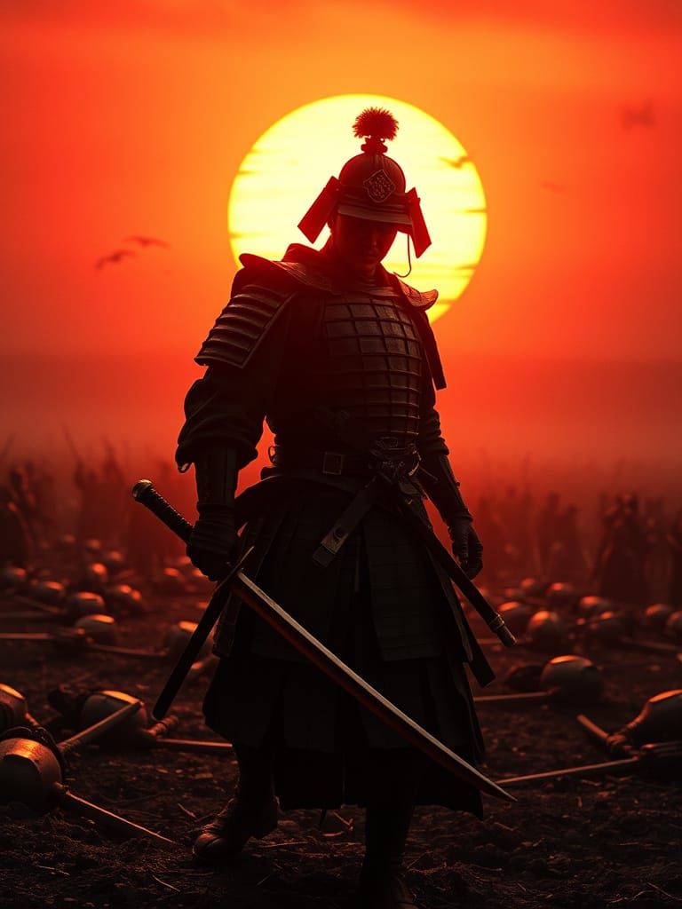 Samurai Stands Vigilant Amidst Ruin of Crimson Sunset