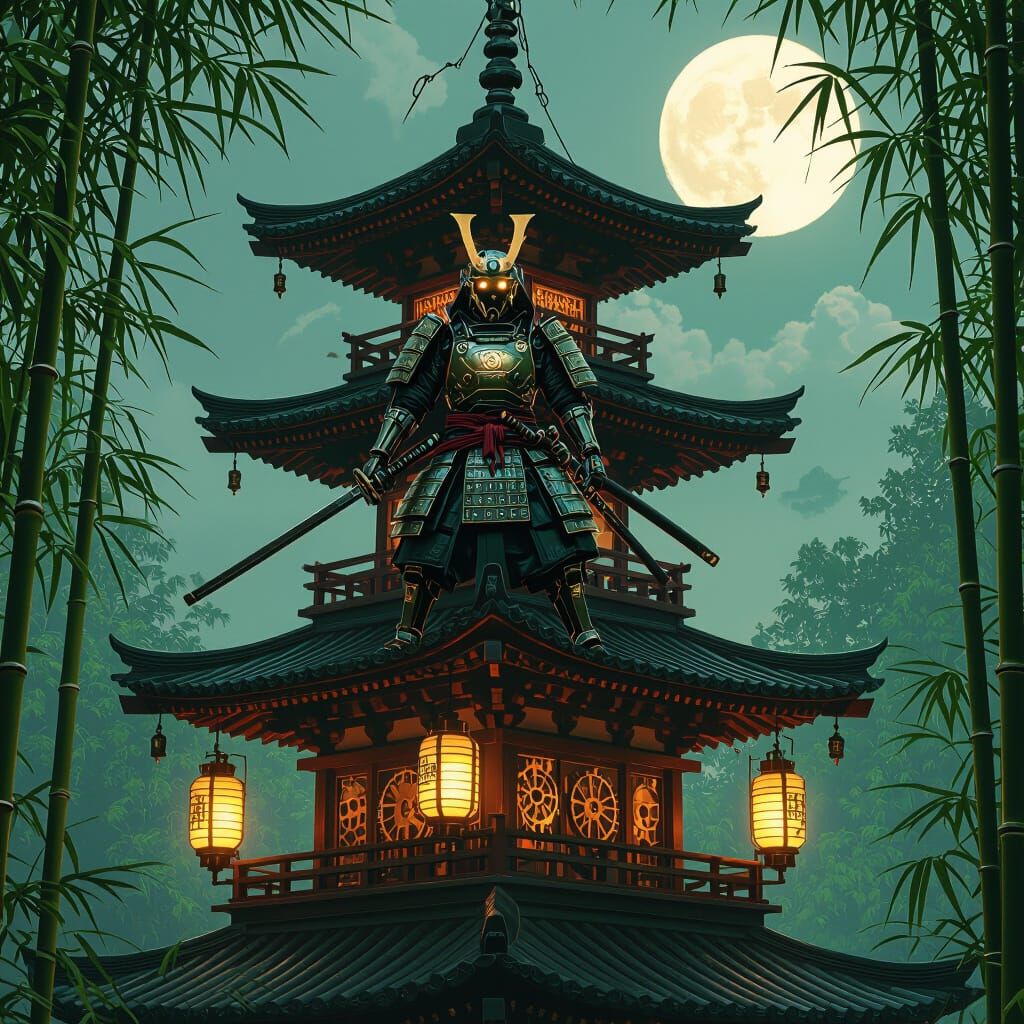 Cyborg Samurai on Pagoda in Steampunk Solarpunk Style