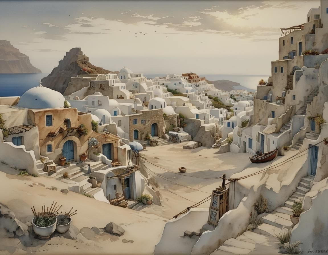Santorini Fishing Village: Intricate Fairy-Tale Illustration
