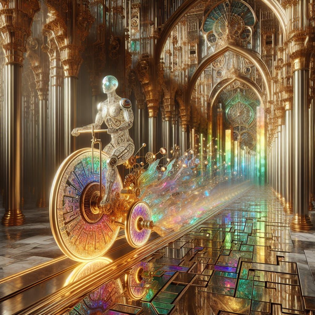 Glass Automaton on Baroque Unicycle in Surreal Landscape