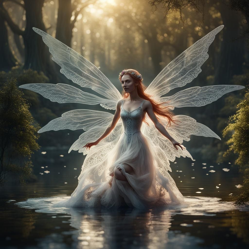 Lace-Winged Fairy in Forest Pond: Fantasy Art
