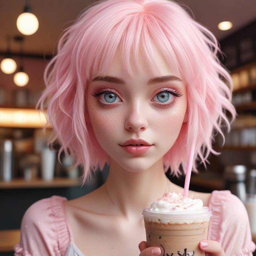 Pink-Haired Humanoid in Coffee Shop: Whimsical Digital Art