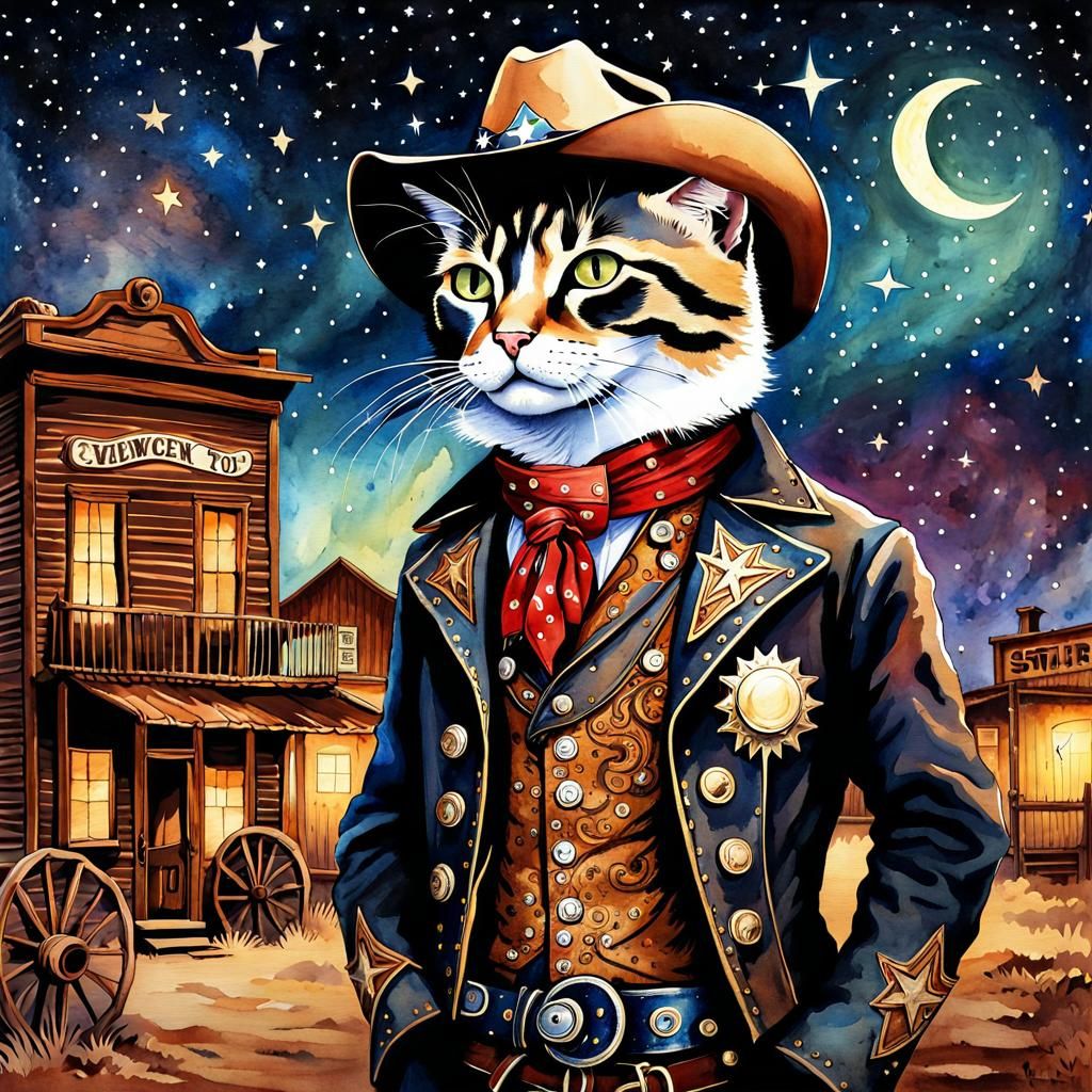 Whimsical Cat Sheriff in Steampunk Ghost Town