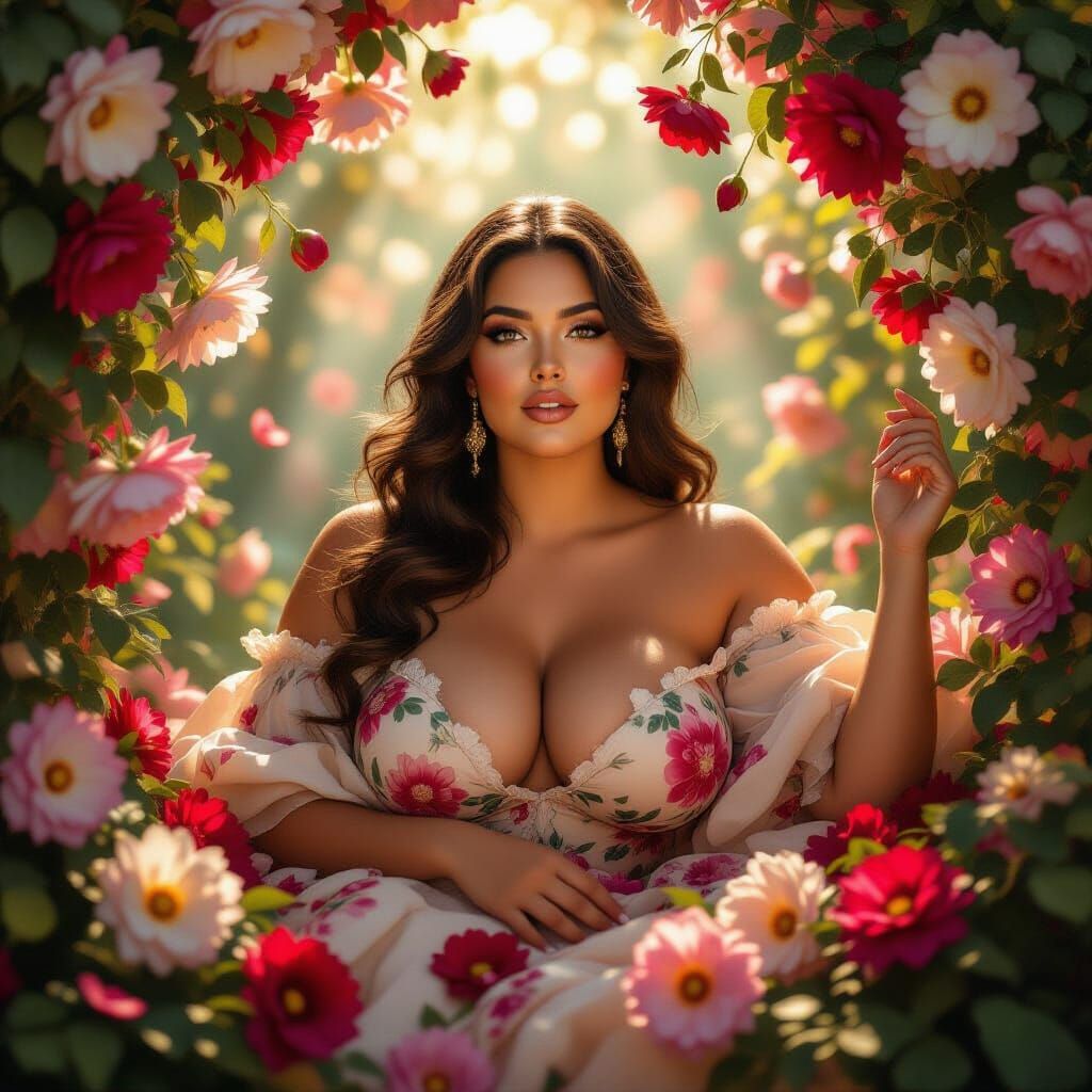 Plus-Size Woman Surrounded by Hyperdetailed Flowers in Reali...