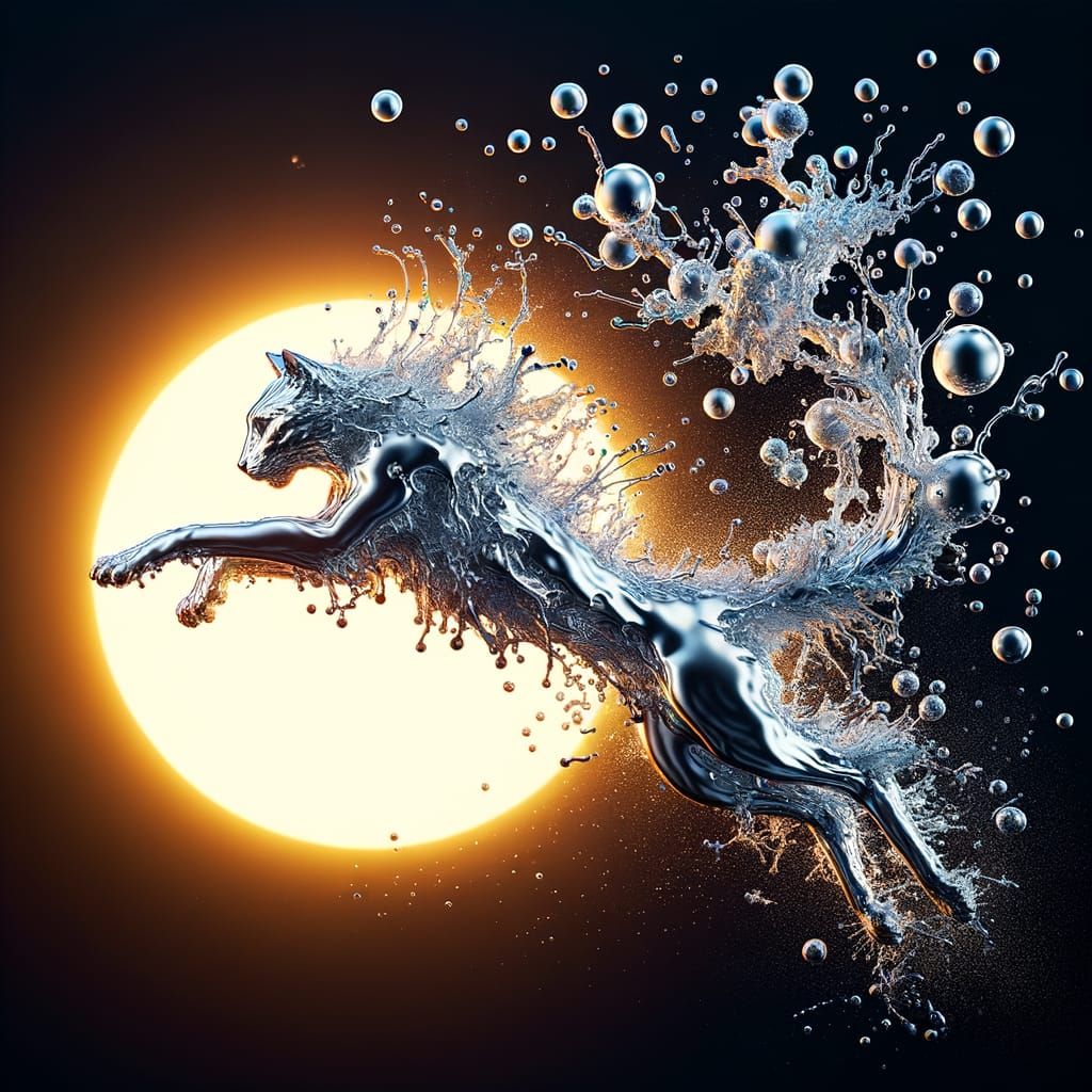 Liquid Silver Cat Leaping Against Sunset