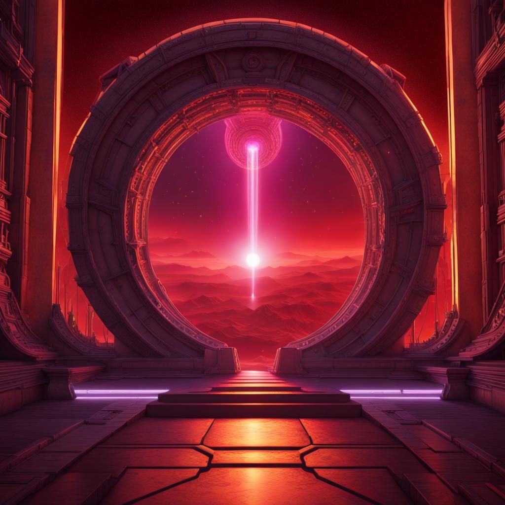 Stargate Portal to a Red Universe in Dark Fantasy Style