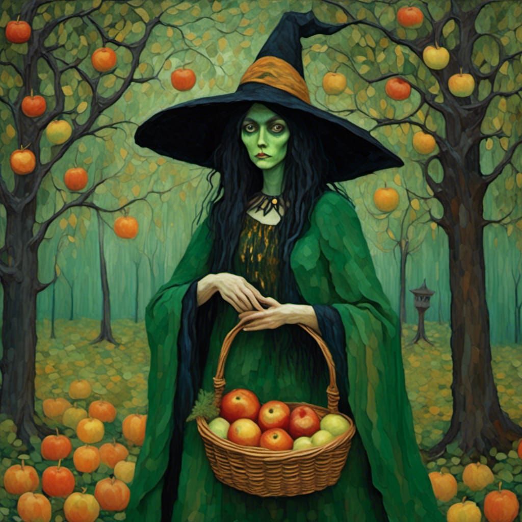 Halloween Witch in Haunted Forest, Art by Van Gogh and Klimt