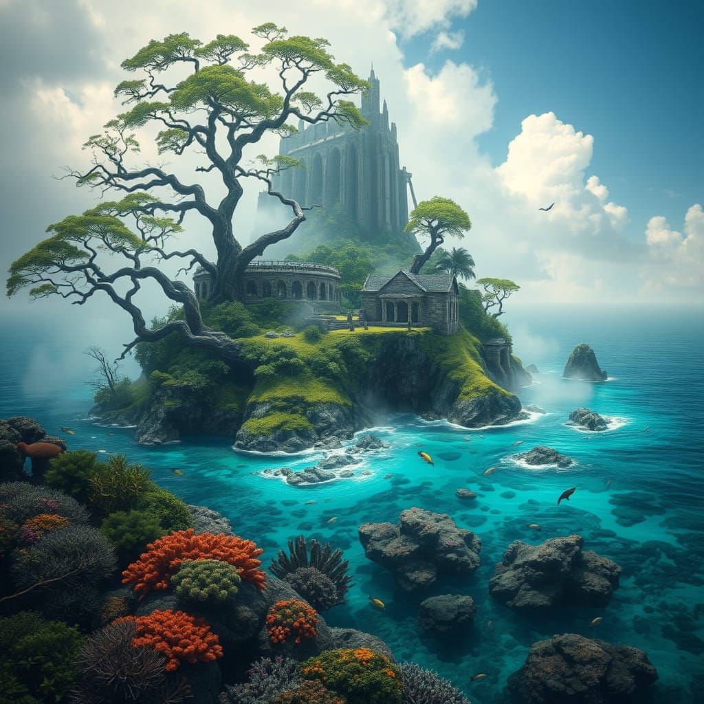 Mystical Island in Vibrant Turquoise Ocean with Coral Reefs ...