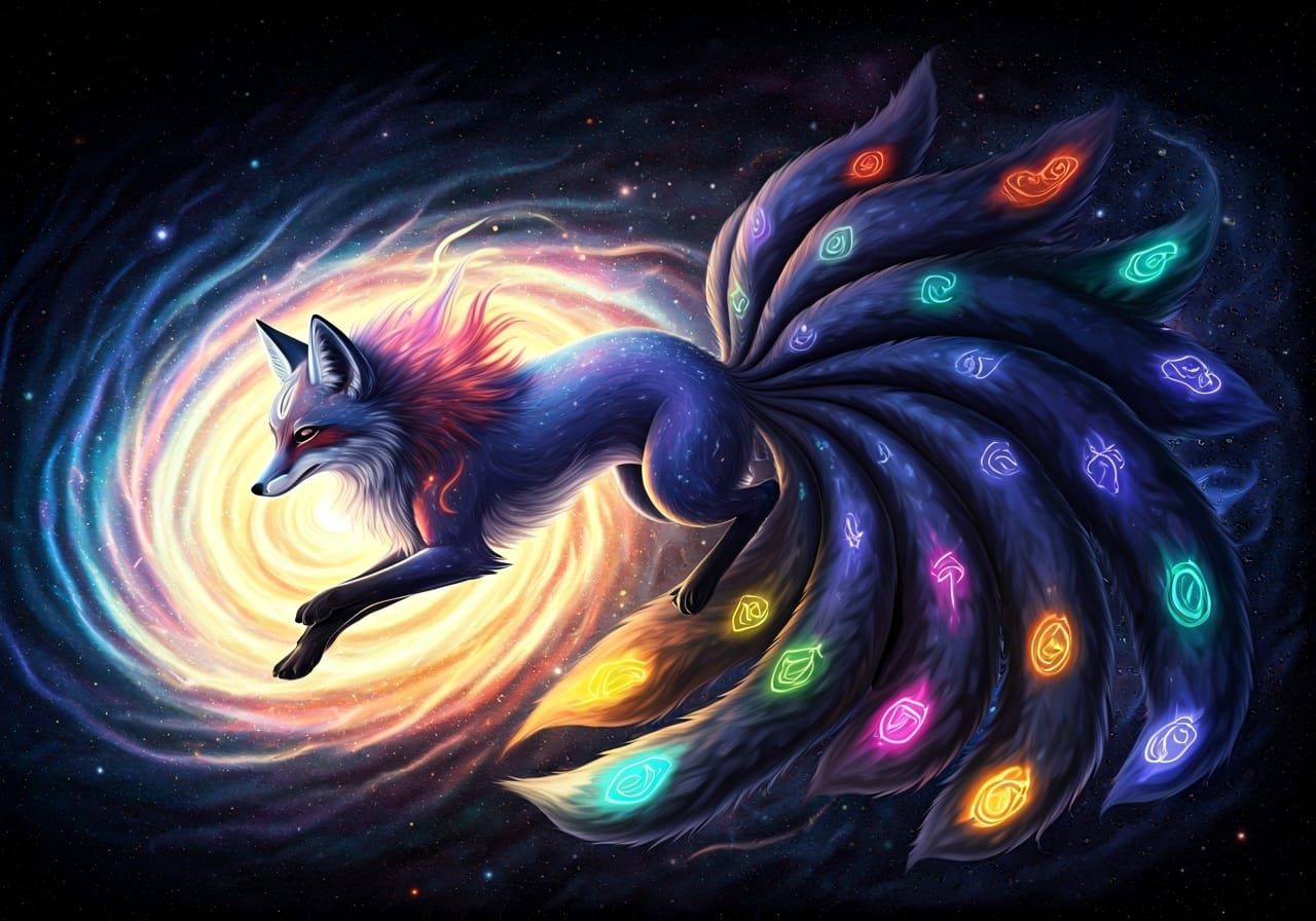 Celestial Kitsune Leaping Through Galaxy as Digital Painting