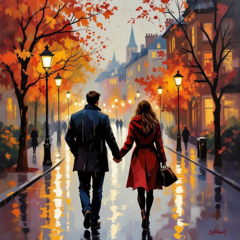 Silhouetted Couple in Rainy Autumn Gouache Painting