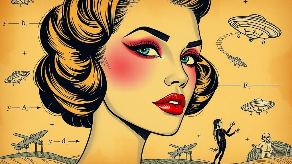 Exotic 1940s Woman Portrait in Line Drawing Collage Style