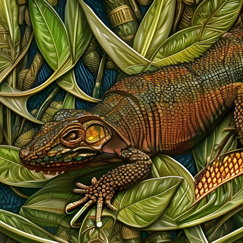 Lizard in Biopunk Leaf Litter, Art Nouveau Style
