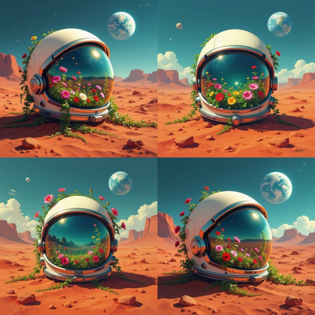 astronaut helmet resting on the surface of Mars