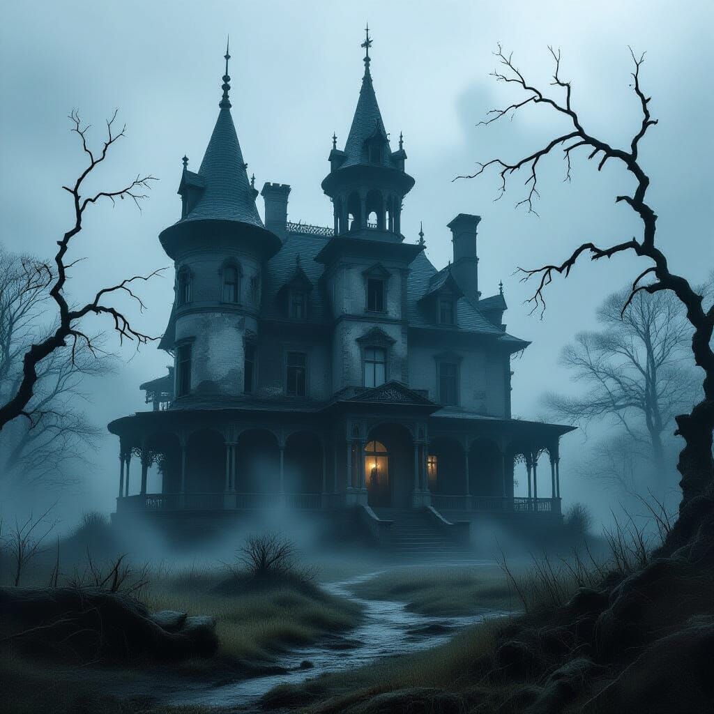 Foreboding Ruined Mansion in Mist, Gothic Horror Style