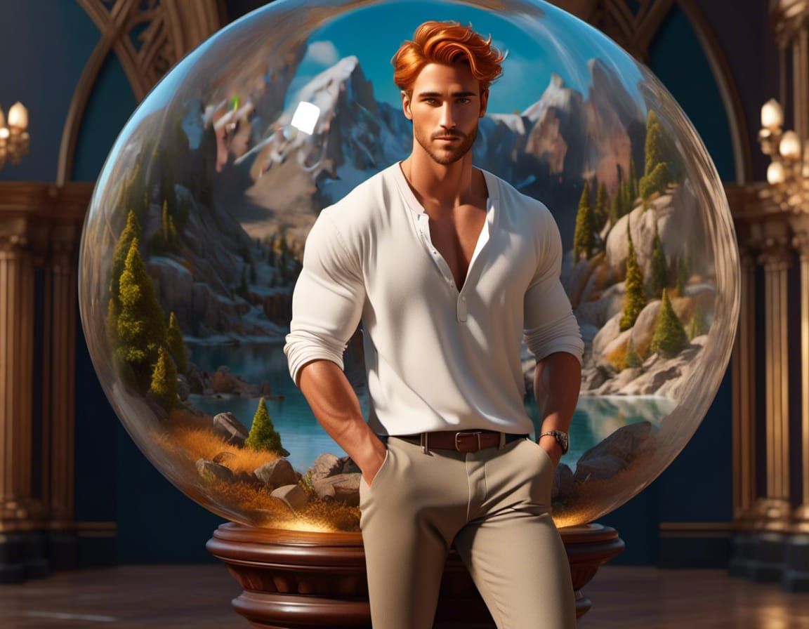 A handsome man ifront of a snow globe