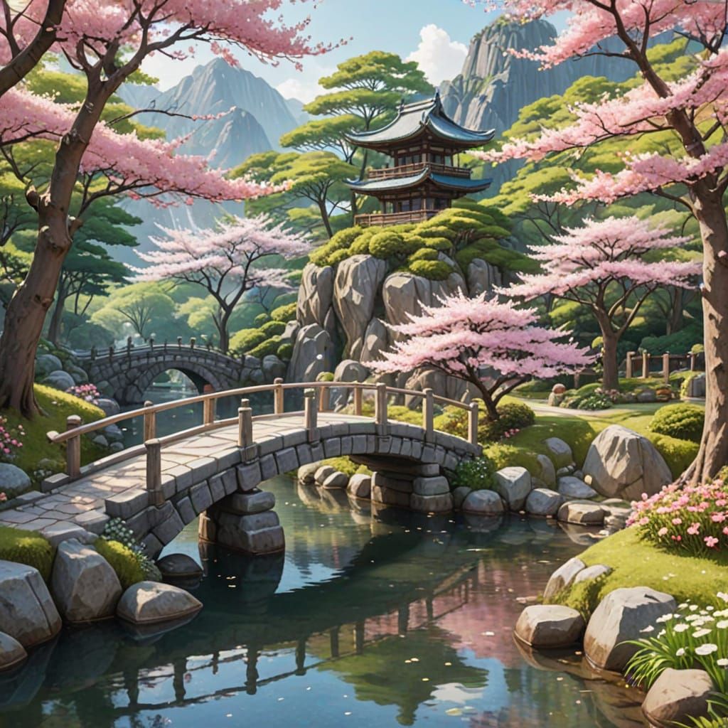 Surreal Watercolor Sakura Garden in Traditional Japanese Sty...