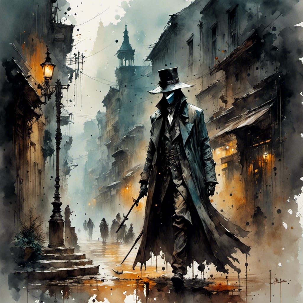 Plague Doctor on Foggy Street, Watercolor Style