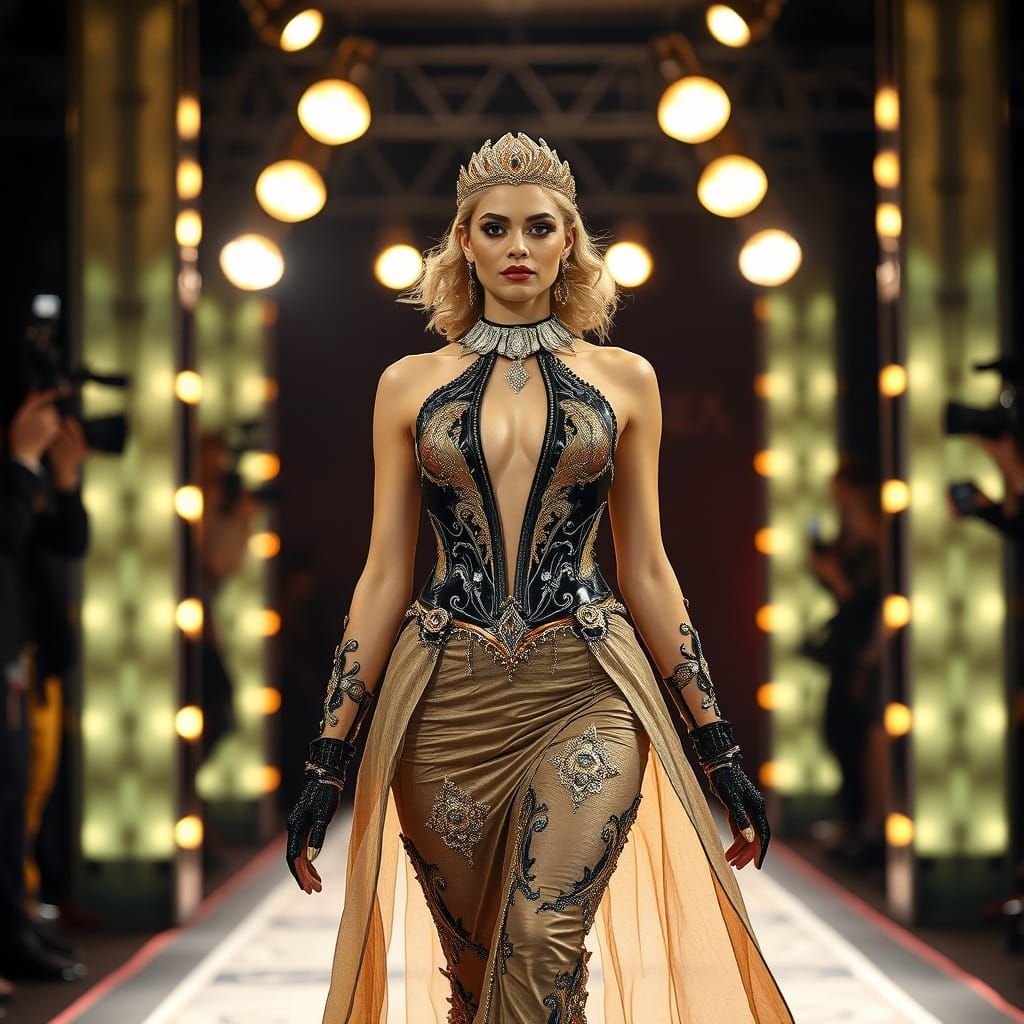 Elegant Futuristic Fashion Model Struts Down Catwalk