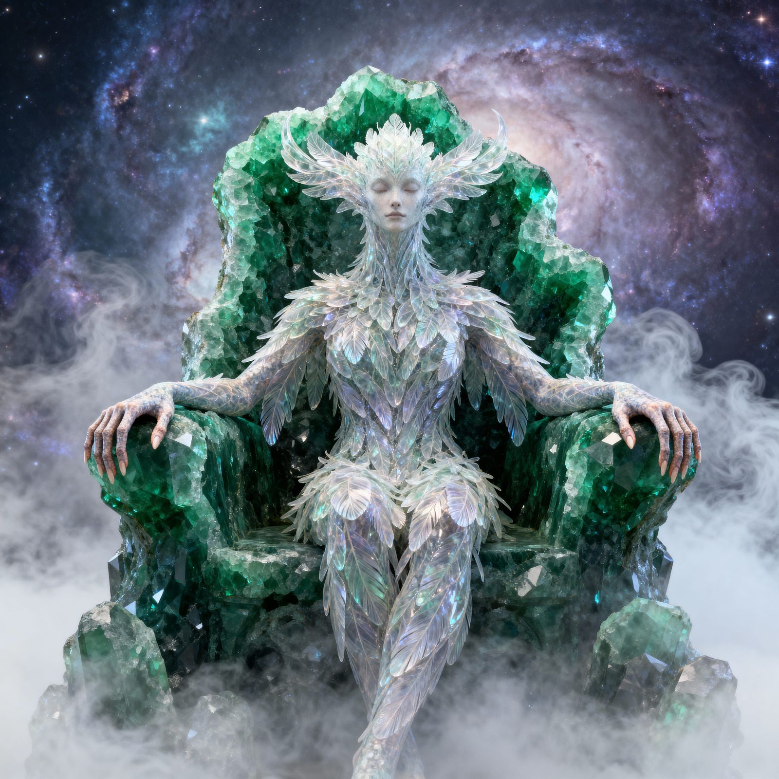 Feathered Mystic Creature on Emerald Throne