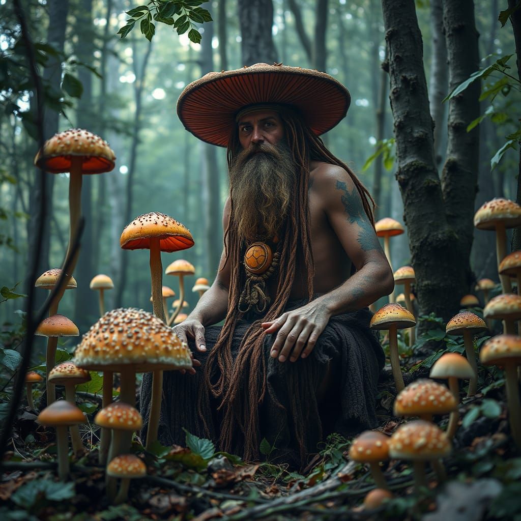 Mystical Shaman Surrounded by Vibrant Forest Fungi
