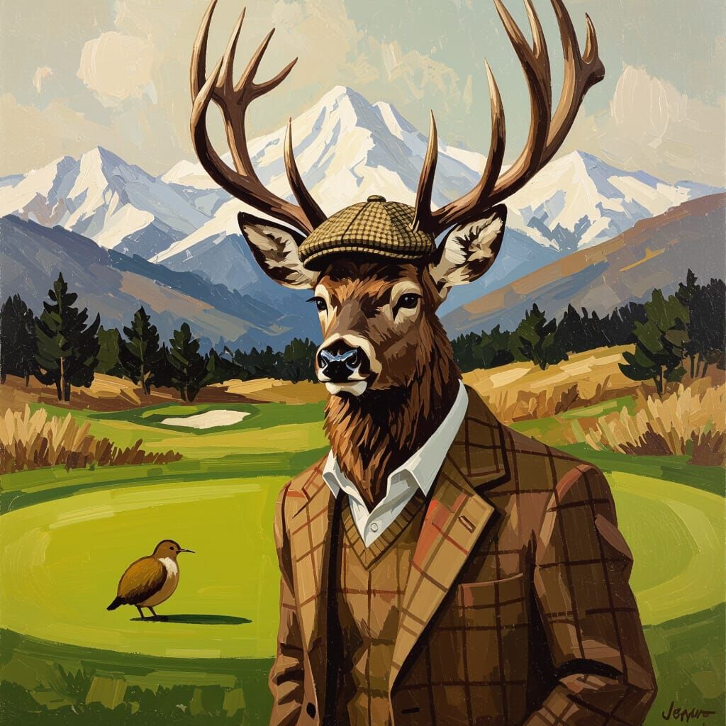 Stag Golfer in 1950s Outfit with Large Antlers as Oil Painti...