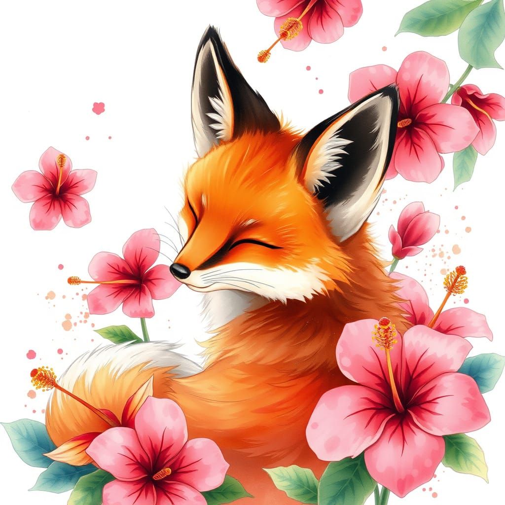 Anime Fox in Hibiscus Meadow: Watercolor Splash Art