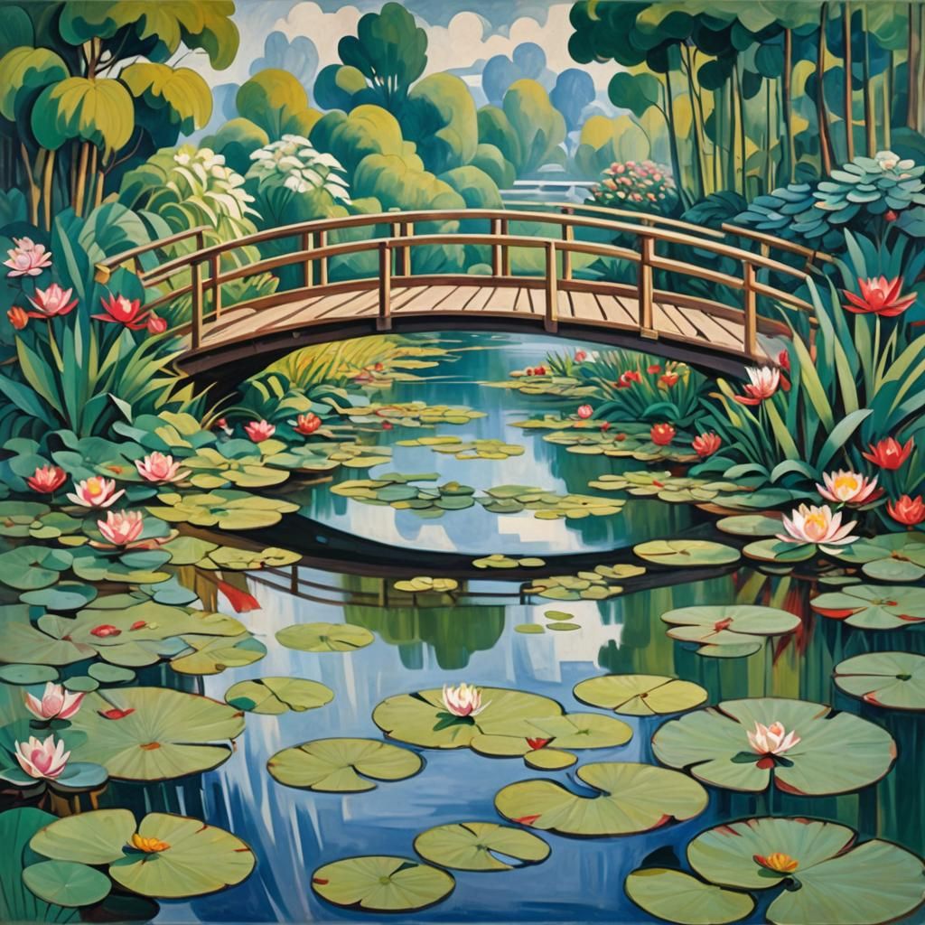 Abstract Cubist Japanese Bridge Over Water Lilies