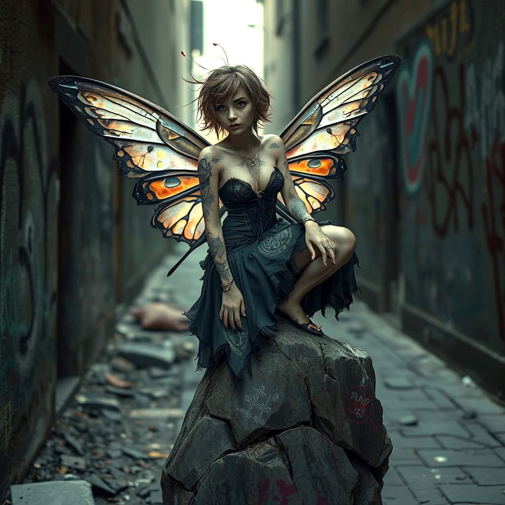 Whimsical Dark Fantasy Fairy Perches in Urban Decay