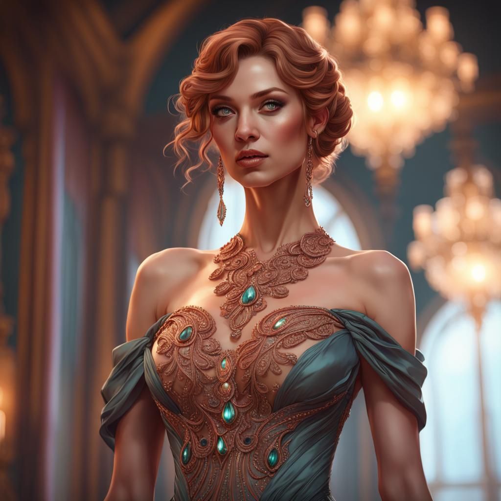 Copper Beaded Evening Gown Portrait in Volumetric Lighting